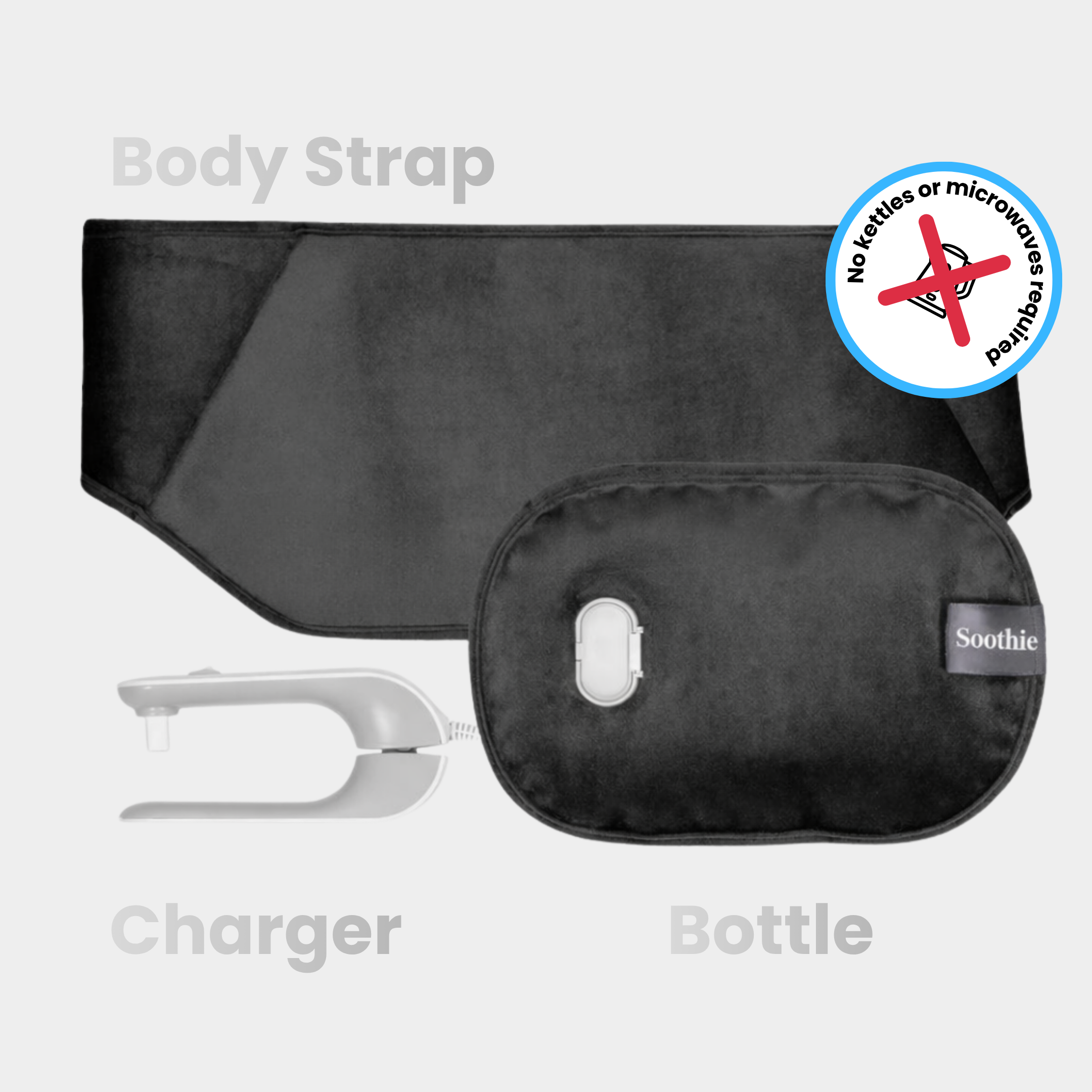 Soothie™ Rechargeable Hot Water Bottle + Body Strap (Black)