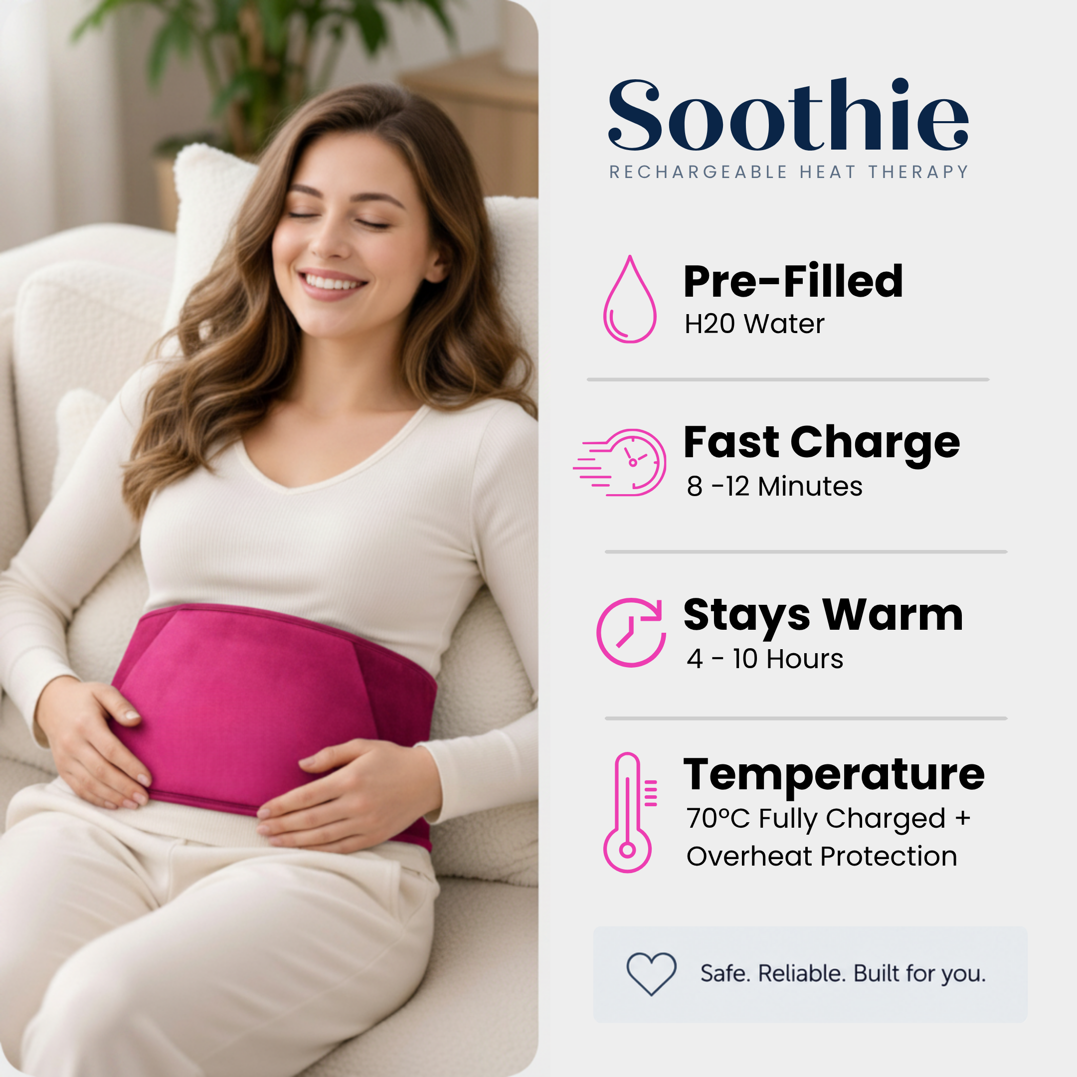 Soothie™  Rechargeable Hot Water Bottle + Body Strap (Pink)