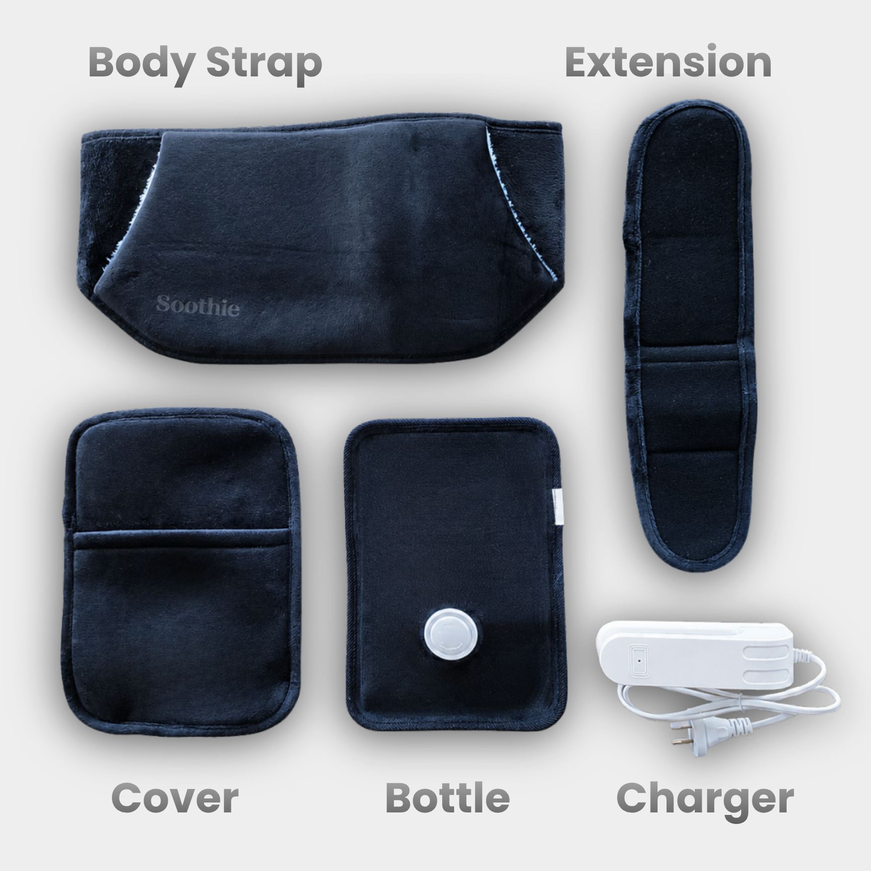 Soothie™  Rechargeable Hot Water Bottle + Body Strap (Black)